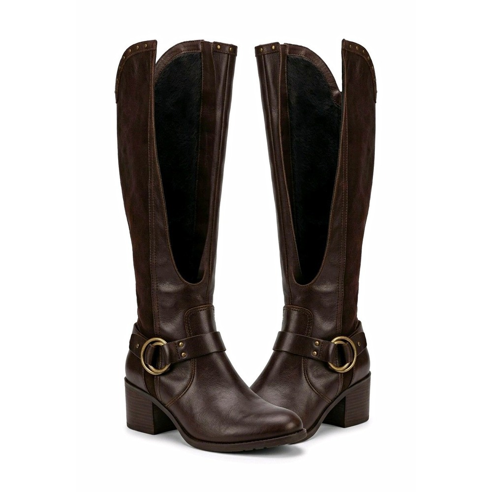 Marc Fisher Women's Brown Leather Knee High Riding Boots Buckle Wide Calf 9.5M